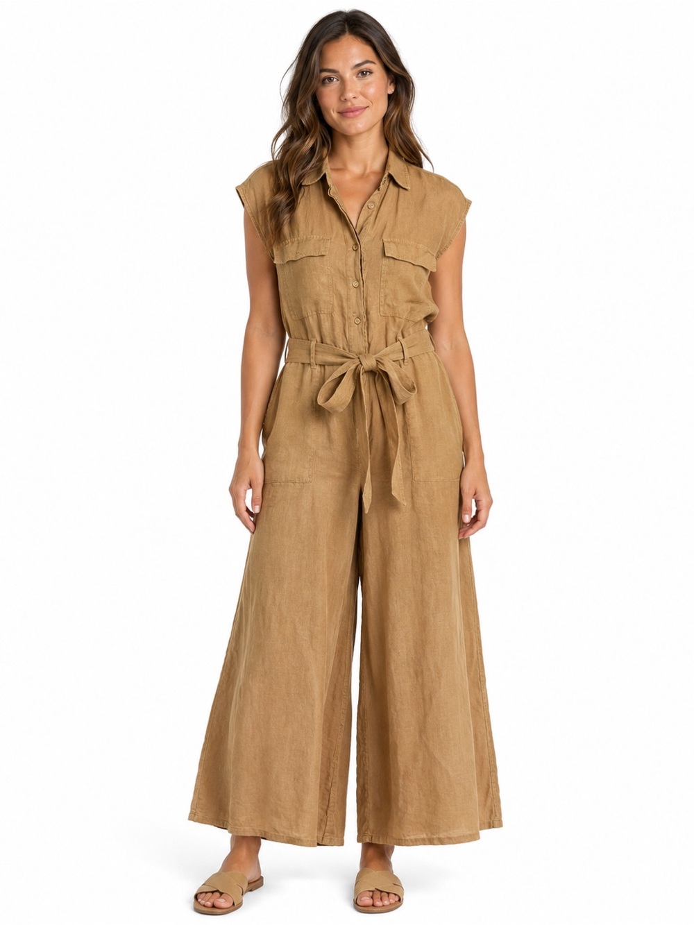 Lucky Brand 100% Linen Belted Utility‎ Jumpsuit Tan Large Minimalist Earthy Boho